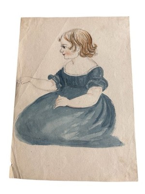 Wunderschönes Aquarell des Kindes aus dem 19. Jh. in blau süß 16 x 21 cm naiver Stil