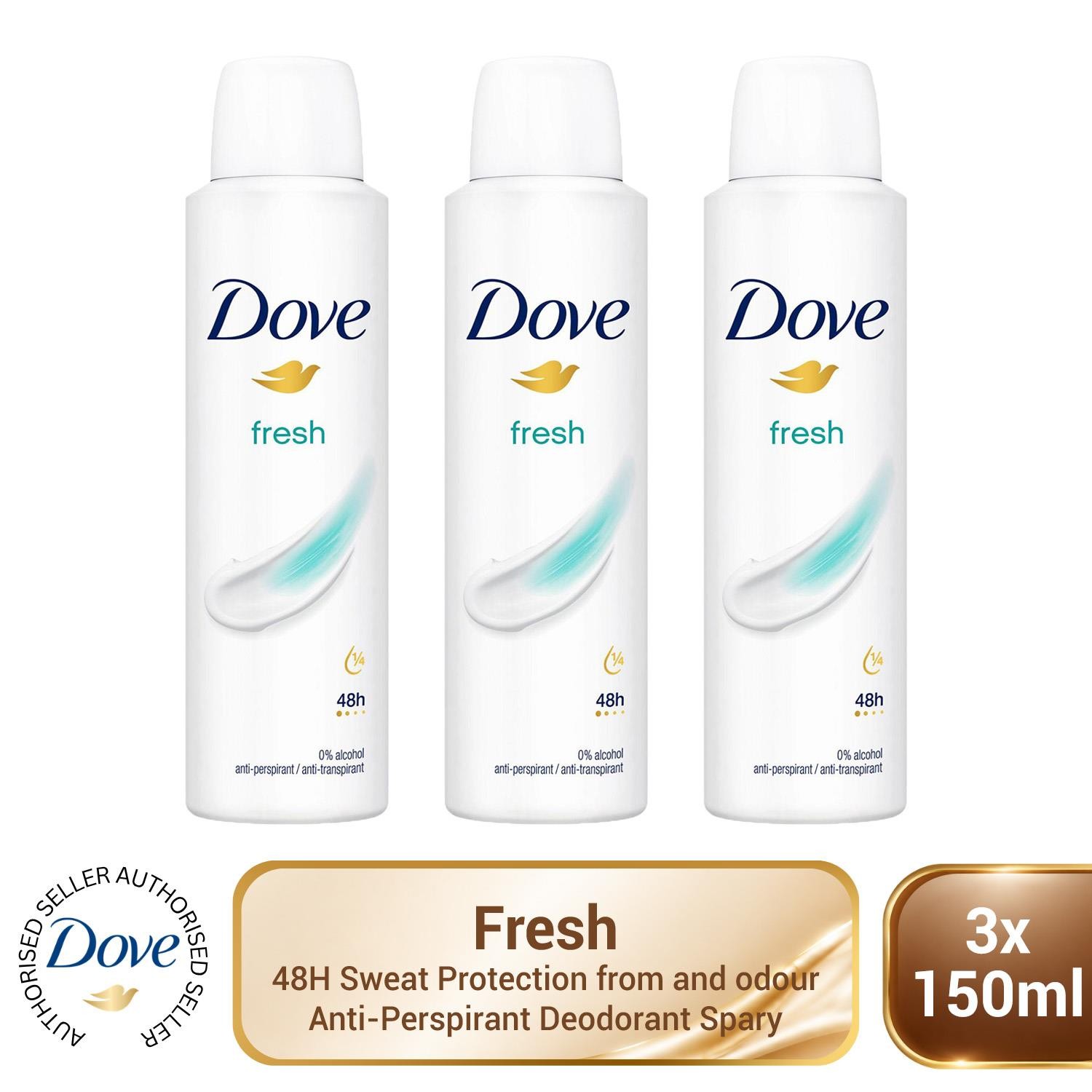 Dove Anti-Perspirant Deodorant Fresh 3x150ml, 48H Sweat Protection Deo for Women