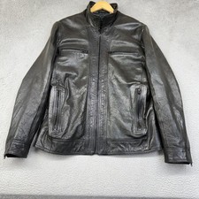 Black Rivet Jacket Mens Large Black Leather Full Zip Moto Stand Collar 80HTL4001