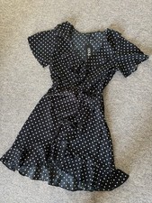 Boohoo Black Polka Dot Ruffle Wrap Dress - NWT UK S (8)