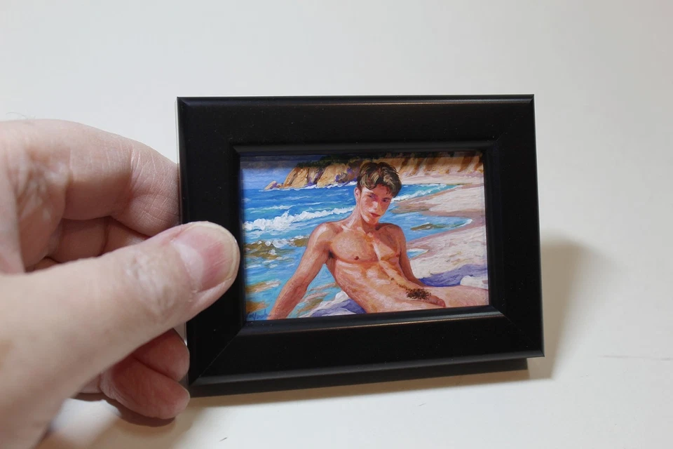 Pintura en miniatura acrílica arte de interés masculino gay original playa Foto 2 de 4
