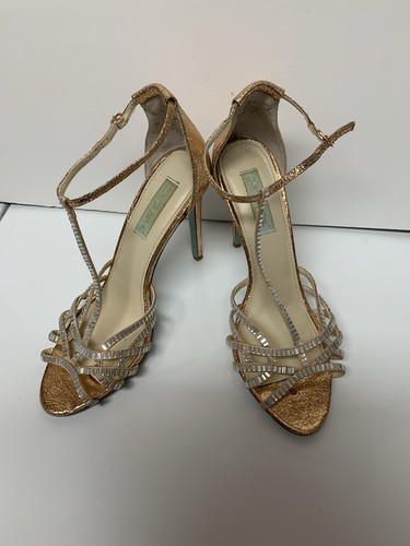 Betsey Johnson Ruby Metallic Rose Gold Rhinestone Strappy Heels Size 9M