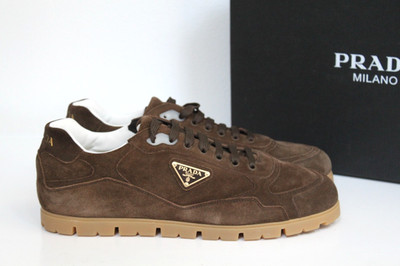 sz 8  / 7 UK PRADA Trail Brown Suede Lace up Logo Low top Sneaker Men Shoes