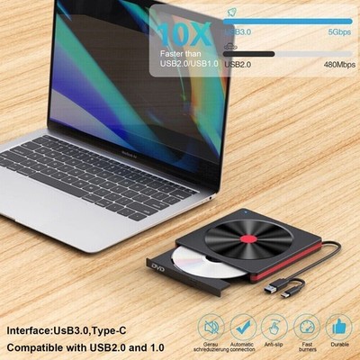 USB 3.0 Externes CD/DVD Laufwerk Brenner Player Type C für PC Laptop Desktop