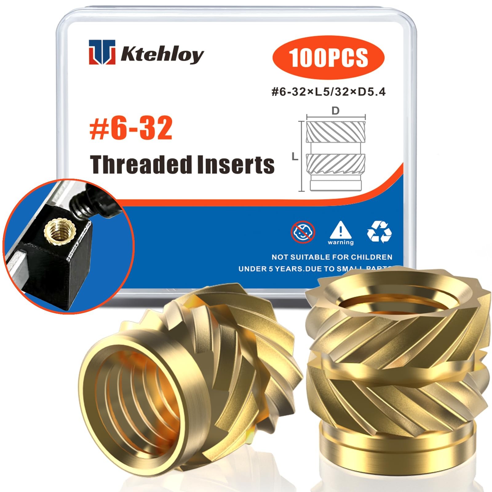 Ktehloy 100Pcs #6-32 Threaded Inserts, * 5/32 inches, Brass