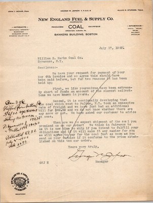 1922 New England Fuel & Supply Co. Coal Business Letter Auburn Boston MA