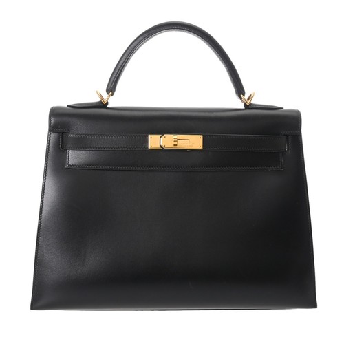 HERMES Kelly 32 Outside stitching 2WAY Box scarf black Women Handbag □ CSt...
