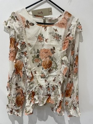 Derhy Epinal Bluse creme Blumen Top Gr. L (12-14) Boho Girly gesmokt UVP 85£