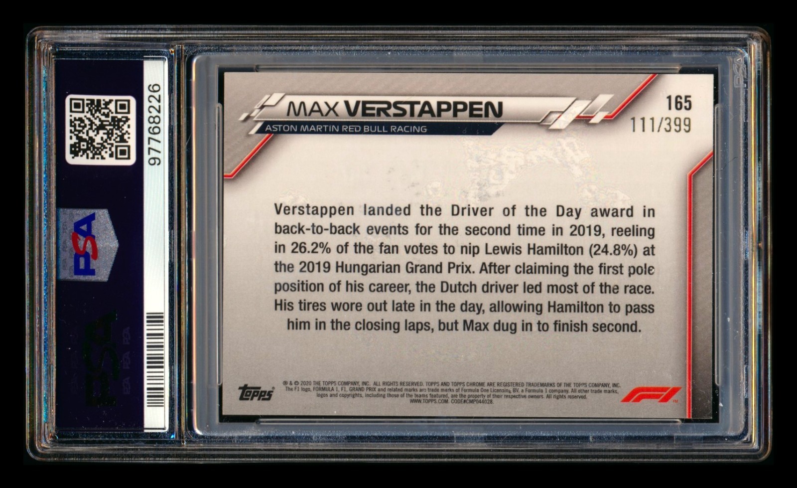 2020 TOPPS CHROME F1 #165 MAX VERSTAPPEN RC PURPLE REFRACTOR ROLEX #/399 PSA 8! view 2