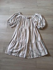 Papaya White Striped Smock Dress Tiered Linen Blend Bardot Neckline Boho UK14