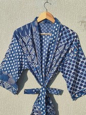 Indian Blue Floral Print Cotton Robes Long Kimono Sleepwear Night Kimono Robes