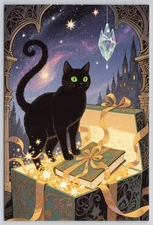 Magical Black Cat with Glowing Book Fantasy New 2025 Postcard UNP 4x6