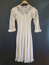 Vintage Handmade Crochet Lace Wedding Dress XS Small White Boho Sheer Overlay