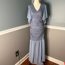 Aiswi Womens maternity Dusty Blue Lace Chiffon Flutter Ruched Mermaid Maxi dress
