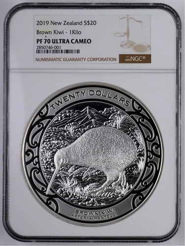 New Zealand - 2019 - Silver $20 Proof Coin - Brown Kiwi - 1KG - NGC PF70
