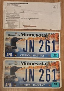 Pair 2010 Minnesota Critical Habitat Loon Bird Environmental License Plates