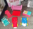 Lot Of 7 Vintage Fisher Price Little People Baby Nursery Furniture Cars