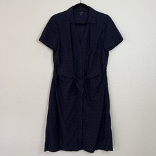 Talbots Midi Shirt Eyelet Cotton Dress Navy Blue Button Short Sleeve - Size 10