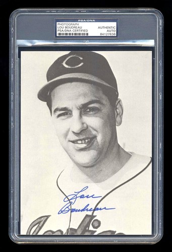 LOU BOUDREAU SIGNED MINT PHOTOGRAPH PSA/DNA AUTOGRAPHED CLEVELAND INDIANS