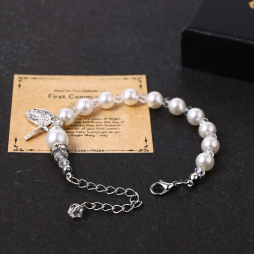 Virgin Mary Rosary Bead Cross Chain Simulated Pearl Beaded Bracelet for Women - Picture 5 of 56