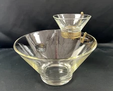 Anchor Hocking Clear Chip & Dip Bowl Set w/ Gold Holder Vintage w/ Original Box