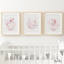 Baby, Girl Nursery Bedroom Wall Art decor Set of three Stunning Unicorn Prints.