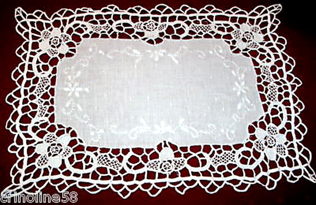 Napperon brodé main jours Venise rectangulaire en lin Aristée blanc 23 x 33 cm