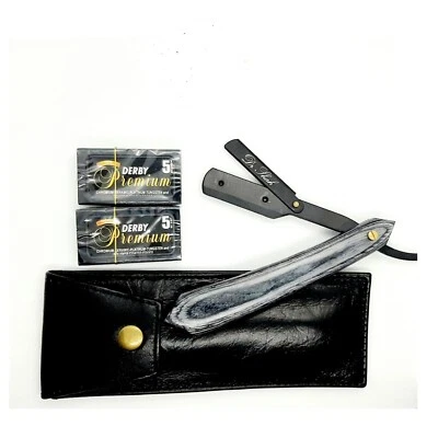 DR-SHAH Geschenk Holz Rasiermesser DERBY Rasierklingen Rasierer Rasur Echt Leder Etui