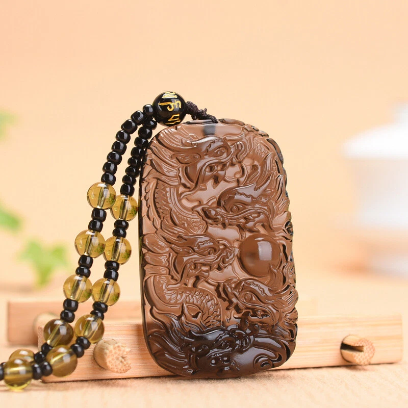 hot Ice Obsidian Jade Pendant W Beads Cord Necklace Dragon Charm