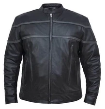 UNIK Men's Premium Scooter Gray Striped Cowhide Leather Motorcycle Jacket- Black
