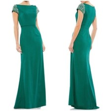 NWT Ieena Mac Duggal Boat Neck Beaded Short Sleeve Column Gown Emerald Green 16
