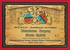 D172 Etikett Weinetikett RHEINGAU RÜDESHEIMER BURGWEG KERNER Spätlese H.BÖHNER