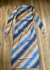 mesh maxi dress gathered blue sand beige waves sheer long sleeve L 14 16