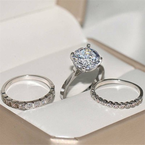 3Ct Round Lab Created Diamond Engagement Bridal Ring Set 14k White Gold ...