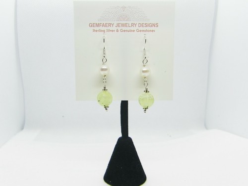 Sterling Silver Faceted PREHNITE & PEARL Dangle Earrings #1337...Handmade USA - Picture 4 of 6