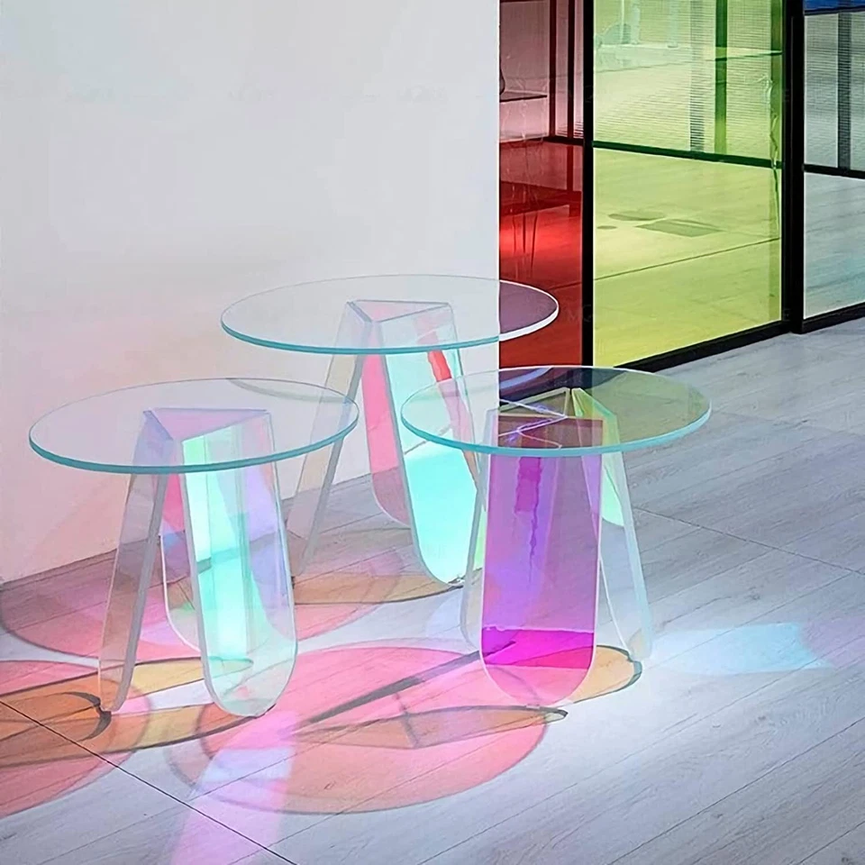 Acrylic Rainbow Color Coffee Table, Iridescent Glass End Table Round Side Table - Image 4 of 4