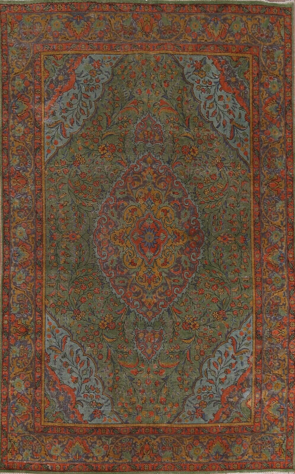 Overdyed Green Semi-Antique Floral Traditional 7x10 Area Rug Low Pile Handmade