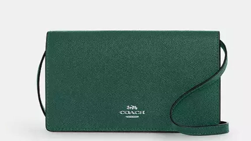 Coach CX592 Anna Foldover Leather Clutch Crossbody Handbag Emerald Green