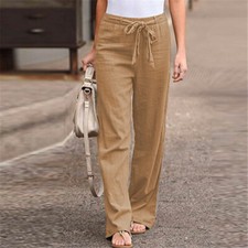 Womens Ladies Cotton Linen Loose Plain Wide Leg Pants Casual Trousers Plus Size