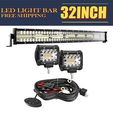 32" Curved Triple Row 672W LED Light Bar with 2X 4" 60W Wiring Harness Kit