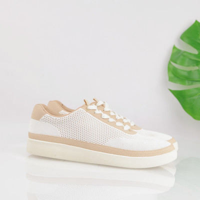 Vionic Womens Galia Sneaker Size 10 White Tan Knit Lace Up Comfort Walking Shoes