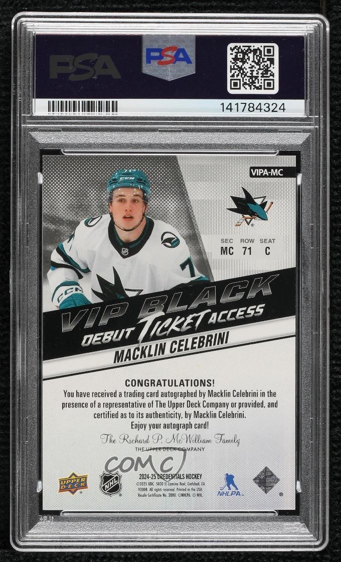 2024 Credentials Achievement 6/25 Macklin Celebrini PSA 10 GEM MT Rookie Auto RC view 2