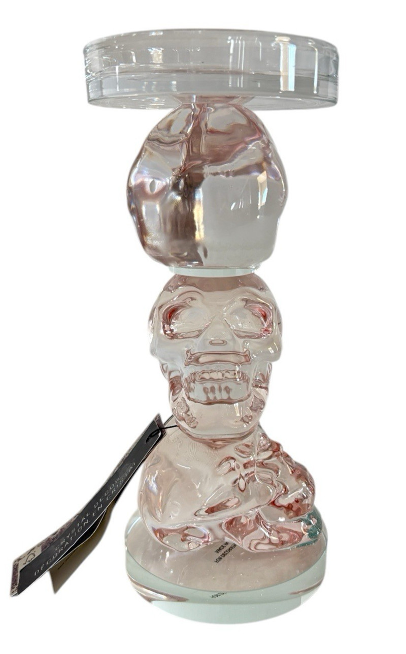 Rachel Zoe 8.25” Heavy Crystal Skulls Pillar Candle Holder Halloween Decor