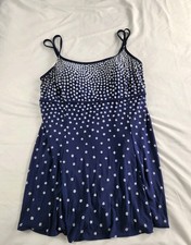 Robby Len Swimsuit Dress 14 Women Navy Blue White Floral Print One Piece Padded