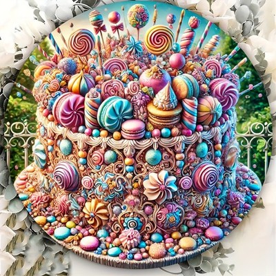 Tin Metal Signs 8x8inch Aluminum Round Sign - Vibrant Easter Cake & Candies Desi
