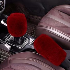 2PCS Fluffy Car Gear Shift Knob Cover  Handbrake Cover, Soft Plush Wine Red