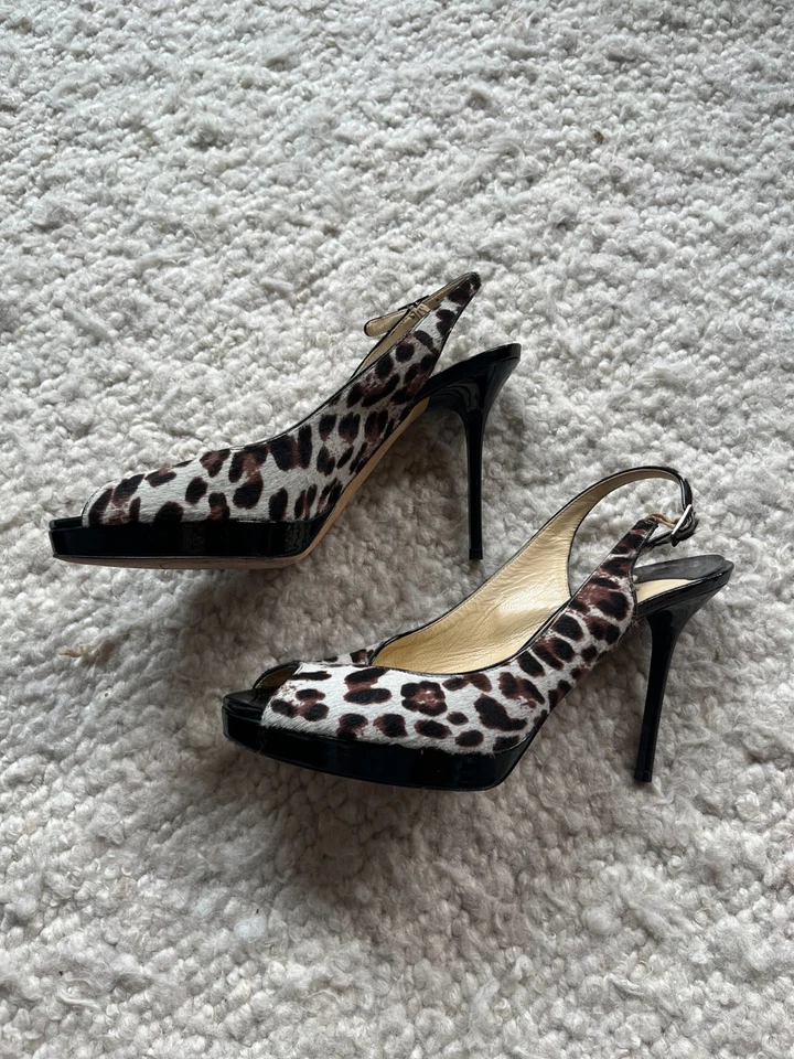 Jimmy Choo pelo de pantorrilla punta abierta tacones de leopardo plataforma negro marrón talla 37 Foto 2 de 4