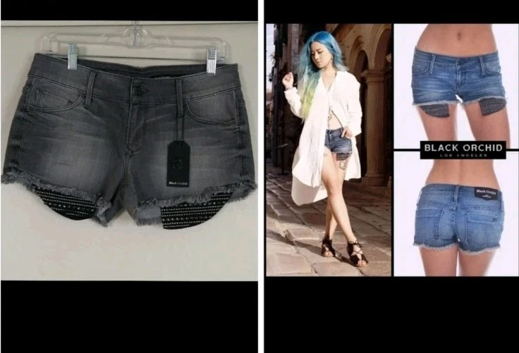 Pantalones Cortos de Jeans Negros Orchid Lola Corte Tachonado Gris Talla 28 Tiro Bajo Foto 3 de 4