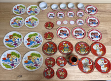 Lot of 39 Vintage Tin Toy Tea Set Pieces - Red Riding Hood, Raggedy Ann/Andy
