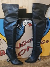 Public Desire Thigh Length Black Faux Leather Boots, s.5, Spool 4.5" Heel, Zip.